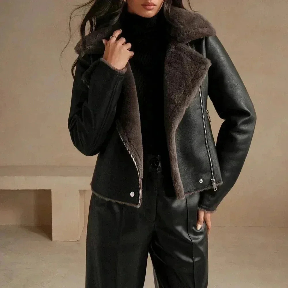 Black Casual Women's Faux Leather Composite Collar Jacket